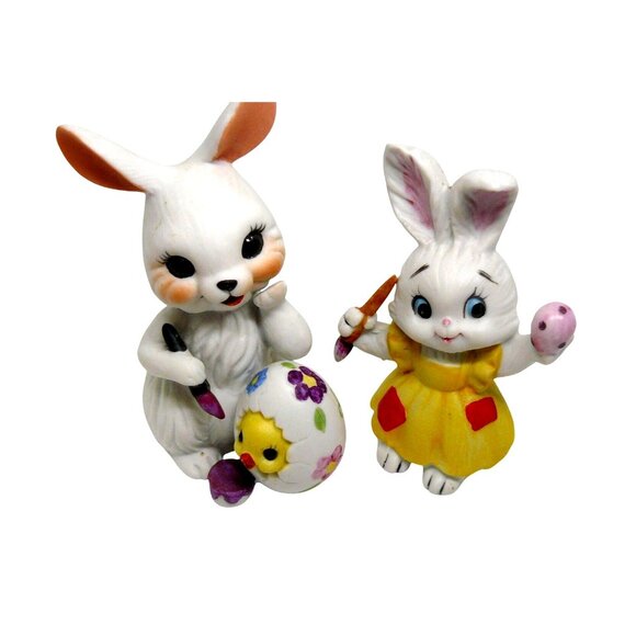 LEFTON Other - Rare Hand-Painted Porcelain Bunny Figurines Easter Egg & Paintbrush Accents Vtg